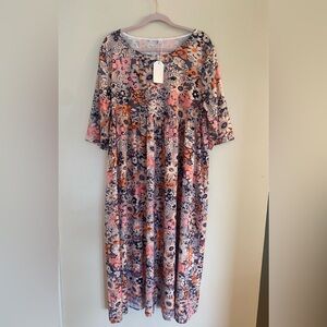Flowy Floral Midi Dress in Pink & Orange, XL, Just Fashion Now